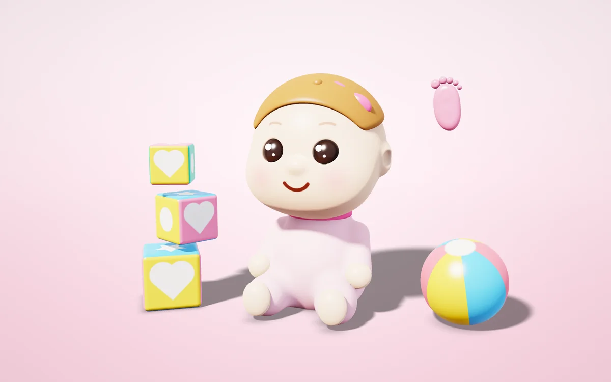 Oyuncak küplerin yanında oturan ve gülümseyen bebek, 3D illüstrasyon