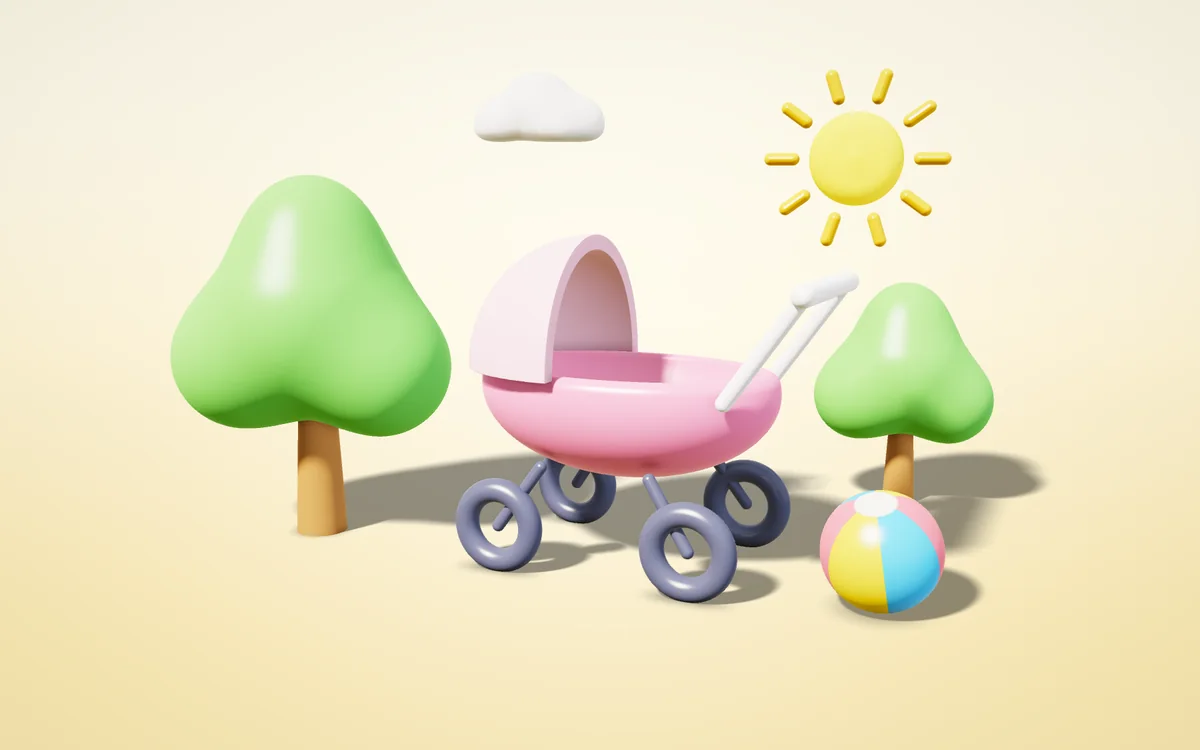 Bebek arabası, ağaç ve güneşle açık hava sahnesi, 3D illüstrasyon