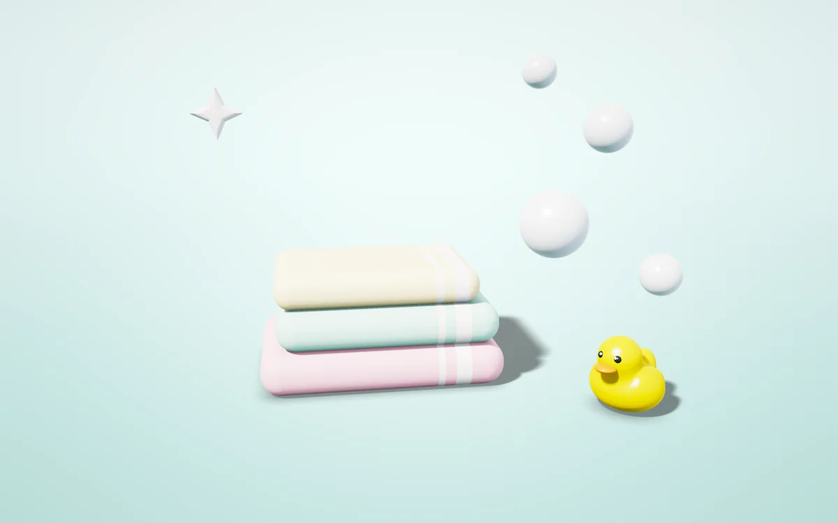 Katlanmış pastel bebek kıyafetleri ve havlular, 3D illüstrasyon