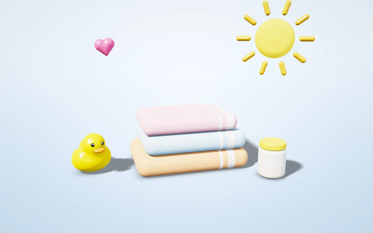 Katlanmış pastel havlular ve yumuşak bebek kıyafetleri, 3D illüstrasyon