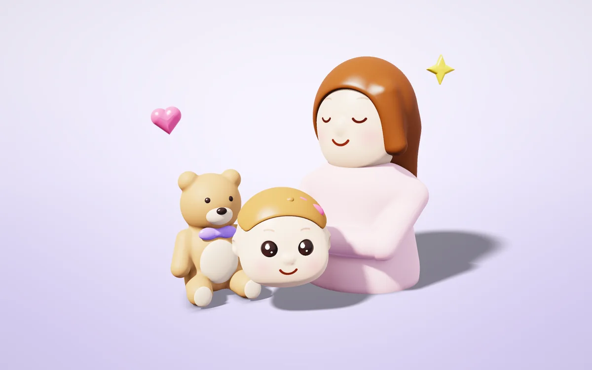 Ce-e oyunu oynayan anne ve gülen bebek, 3D illüstrasyon