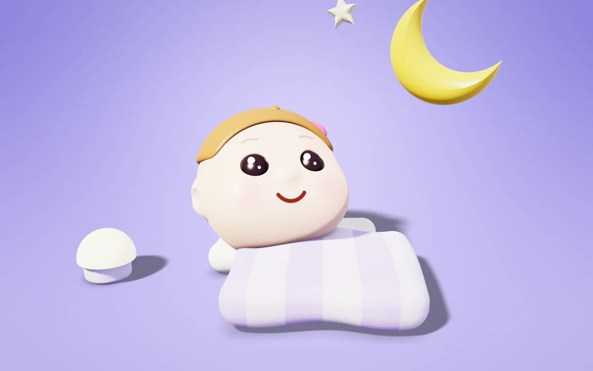 Hilal ay ve yıldızların altında beşiğinde uyuyan bebek, 3D illüstrasyon