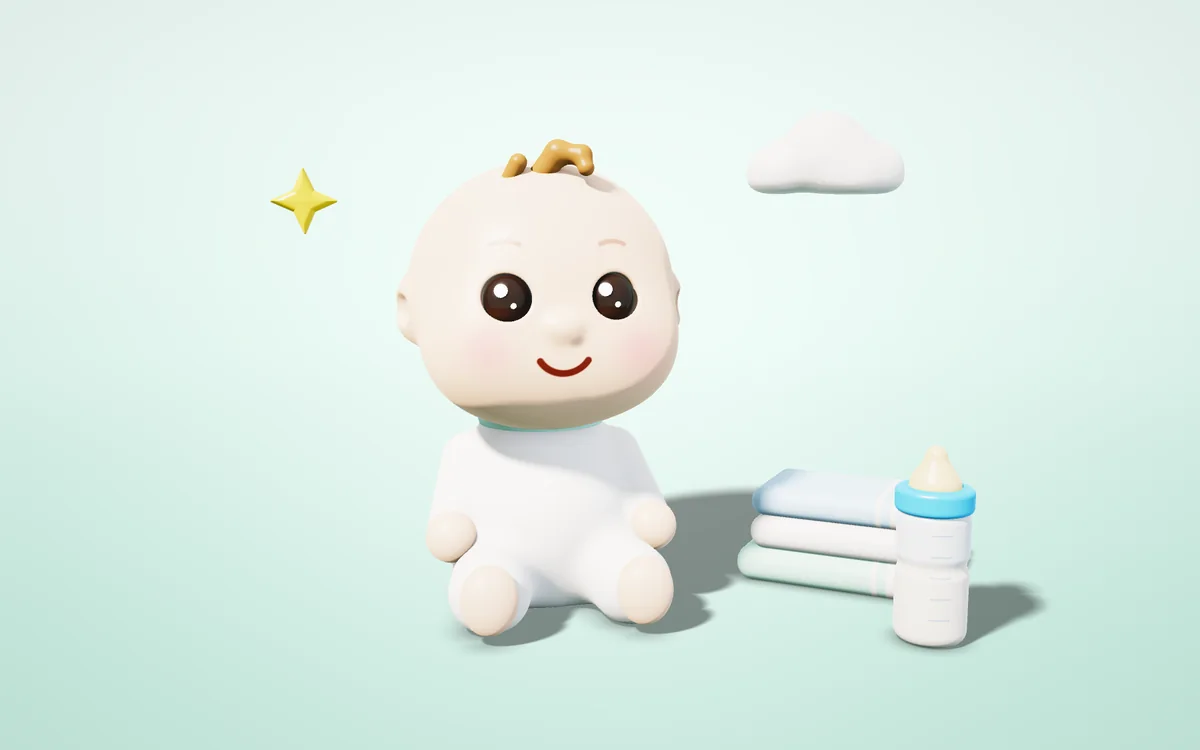 Annesinin omzunda dik tutulan rahat bebek ve kalpler, 3D illüstrasyon