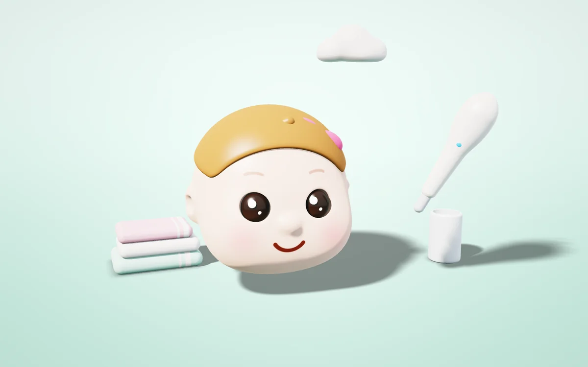 Battaniyeye sarılı dinlenen bebek, termometre ve ılık içecek, 3D illüstrasyon