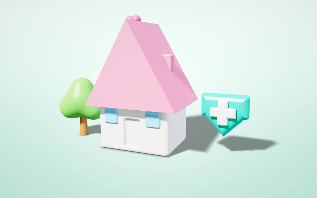 Kalkan ve kalp ile korunan sevimli ev, 3D illüstrasyon