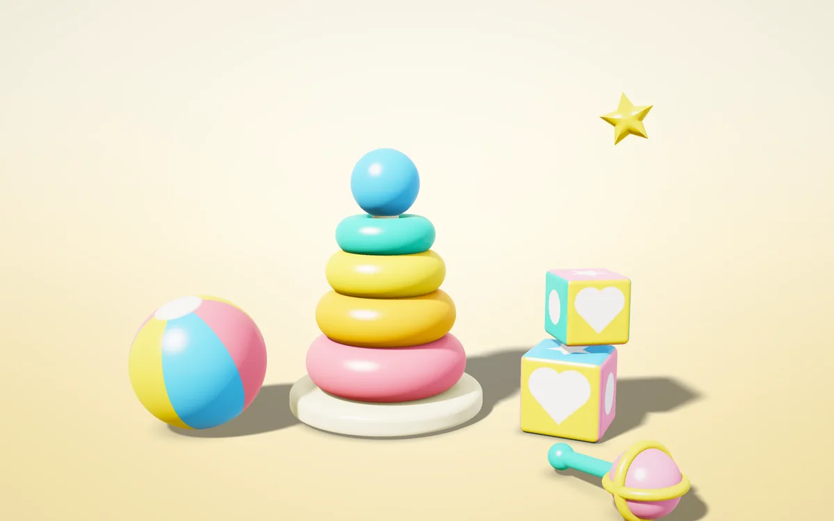 Renkli halka kule, oyuncak küpler ve top, 3D illüstrasyon