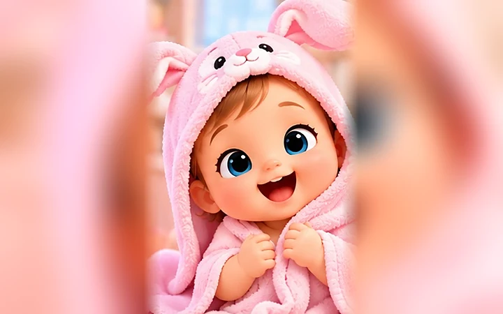 Banyo sonrası tavşan kulaklı pembe havluya sarılı bebek