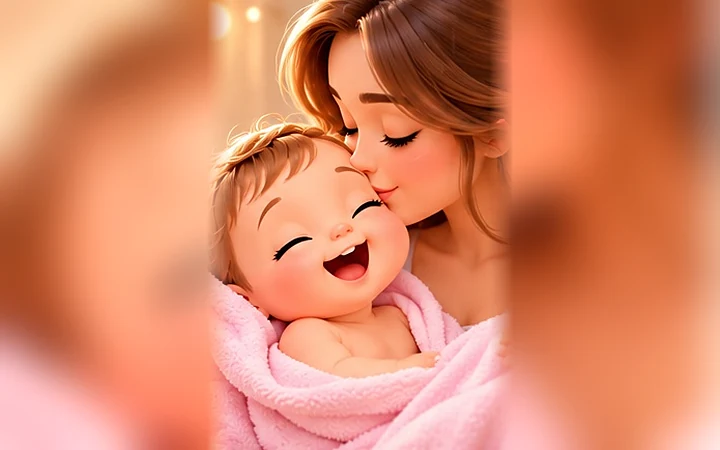 Pembe battaniyeye sarılı yenidoğanını öpen anne