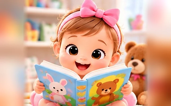 Resimli kitap okuyan pembe kurdeleli bebek ve oyuncak ayı