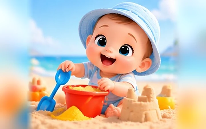 Kumsalda kova ve kürekle kum oyunu oynayan bebek